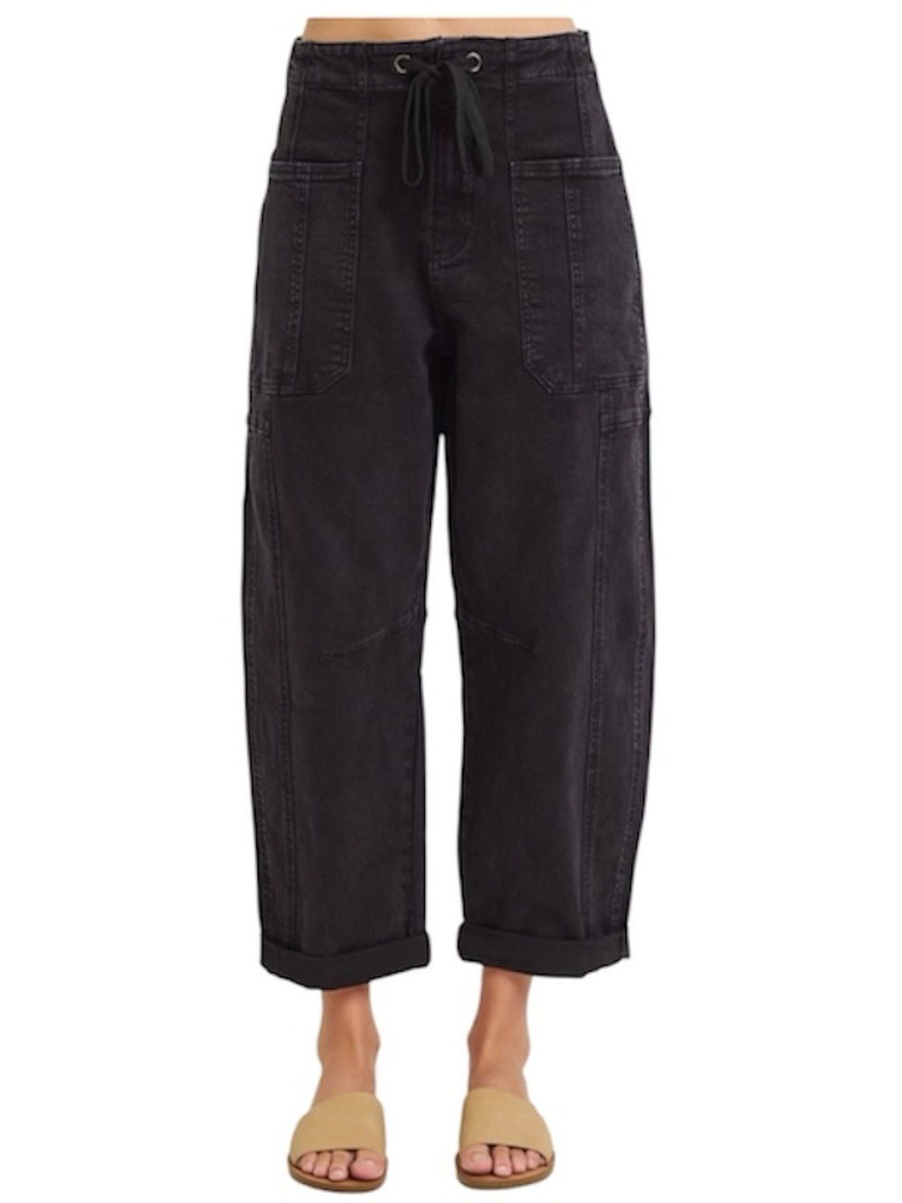 RISEN High-Rise Drawstring Cargo Barrel Pants in Black